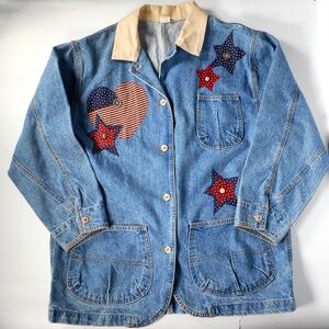 VTG 90s Americana Flag Heart M Patchwork Denim Jean Jacket Barn Appliqué Stars